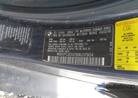 2008 BMW X3 3.0Si from USA, damaged, VIN WBXPC93478WJ17904